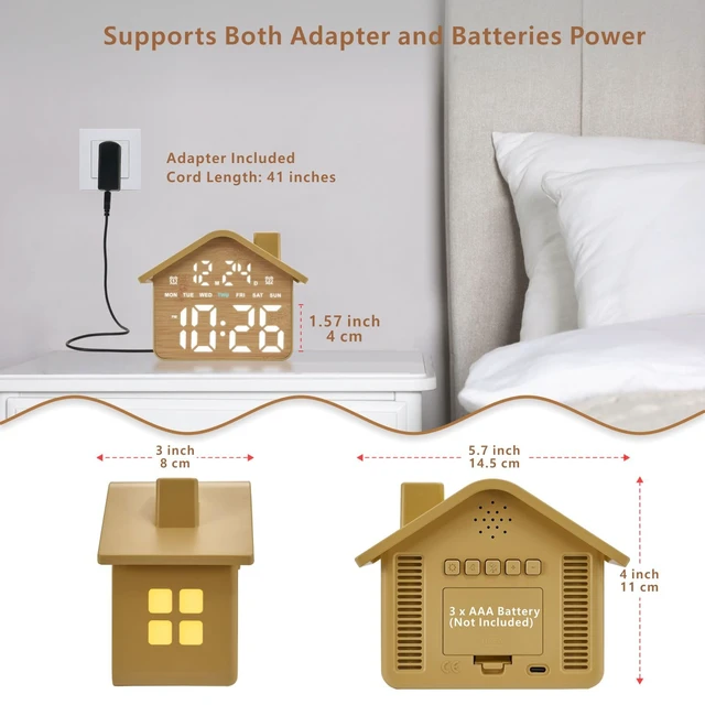 Alt view image 5 of 7 - Wooden Digital Alarm Clock, Bedroom Clock with Large Numbers, Date, Week, Dual Alarms, Dimmer and Ambient Light, House-Shaped Electric Bedside Desk Clock, Adapter Batteries Powered