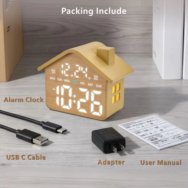 Alt view image 7 of 7 - Wooden Digital Alarm Clock, Bedroom Clock with Large Numbers, Date, Week, Dual Alarms, Dimmer and Ambient Light, House-Shaped Electric Bedside Desk Clock, Adapter Batteries Powered