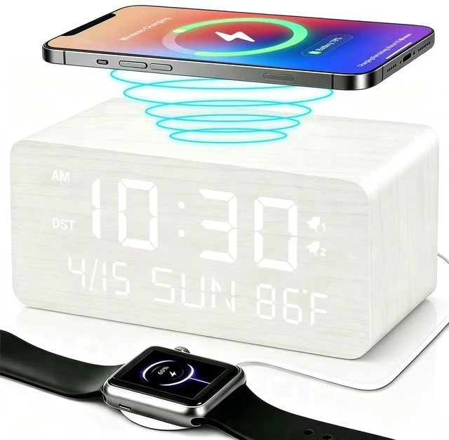 Main image of Premium White Wooden Digital Alarm Clock with Wireless Phone Charger, USB Charging Ports, Dimmable LED Display, Date & Day of Week, Temperature, Digital Desk Clock for Bedroom Nightstand Bedside Table