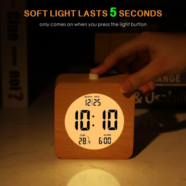 Alt view image 2 of 7 - Wooden Digital Alarm Clock for Bedrooms, Wood 4'' Battery Powered Alarm Clock with Snooze and Nightlight, Electronic LCD Desk Clock Display Time, Date, Temp, 12/24H, Wood Décor, Square, Brown