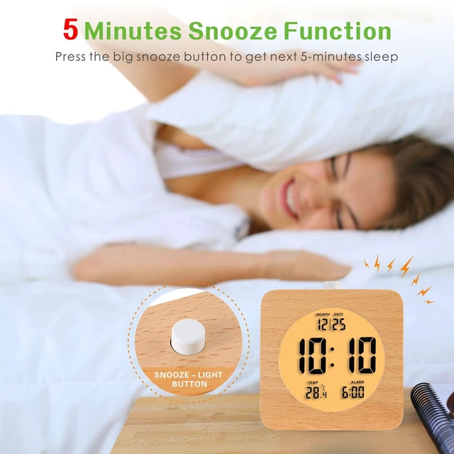 Alt view image 3 of 7 - Wooden Digital Alarm Clock for Bedrooms, Wood 4'' Battery Powered Alarm Clock with Snooze and Nightlight, Electronic LCD Desk Clock Display Time, Date, Temp, 12/24H, Wood Décor, Square, Brown