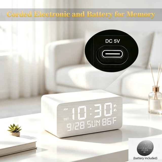 Alt view image 2 of 7 - Premium White Wooden Digital Alarm Clock with Wireless Phone Charger, USB Charging Ports, Dimmable LED Display, Date & Day of Week, Temperature, Digital Desk Clock for Bedroom Nightstand Bedside Table