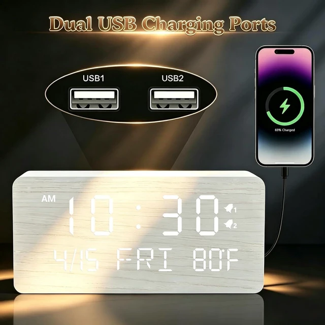 Alt view image 3 of 7 - Premium White Wooden Digital Alarm Clock with Wireless Phone Charger, USB Charging Ports, Dimmable LED Display, Date & Day of Week, Temperature, Digital Desk Clock for Bedroom Nightstand Bedside Table