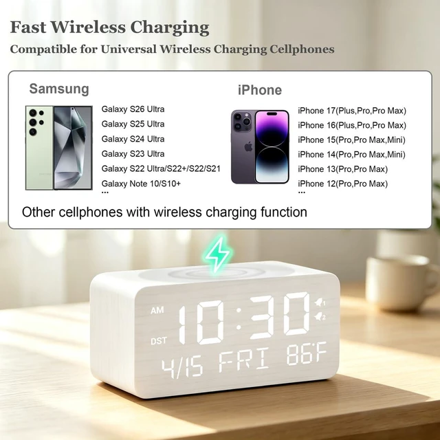 Alt view image 4 of 7 - Premium White Wooden Digital Alarm Clock with Wireless Phone Charger, USB Charging Ports, Dimmable LED Display, Date & Day of Week, Temperature, Digital Desk Clock for Bedroom Nightstand Bedside Table