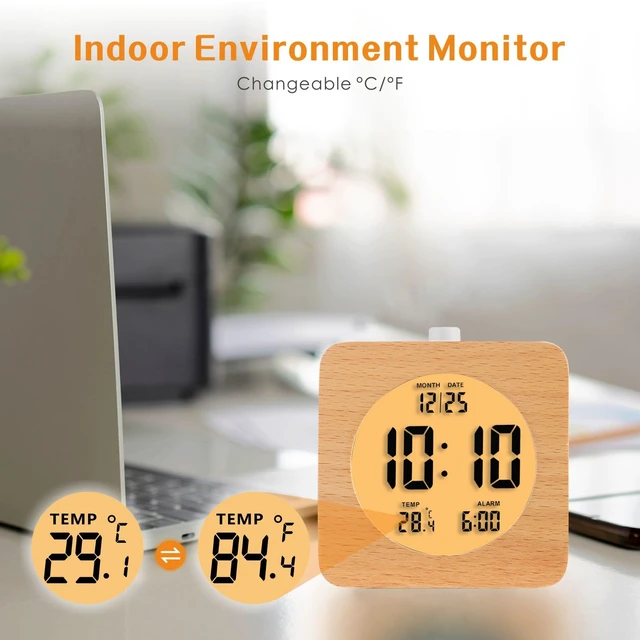 Alt view image 6 of 7 - Wooden Digital Alarm Clock for Bedrooms, Wood 4'' Battery Powered Alarm Clock with Snooze and Nightlight, Electronic LCD Desk Clock Display Time, Date, Temp, 12/24H, Wood Décor, Square, Brown