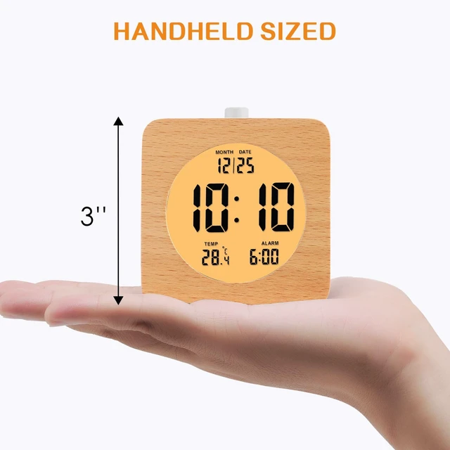 Alt view image 7 of 7 - Wooden Digital Alarm Clock for Bedrooms, Wood 4'' Battery Powered Alarm Clock with Snooze and Nightlight, Electronic LCD Desk Clock Display Time, Date, Temp, 12/24H, Wood Décor, Square, Brown