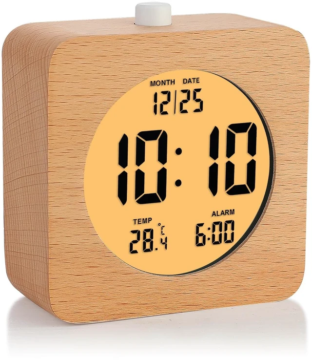 Main image of Wooden Digital Alarm Clock for Bedrooms, Wood 4'' Battery Powered Alarm Clock with Snooze and Nightlight, Electronic LCD Desk Clock Display Time, Date, Temp, 12/24H, Wood Décor, Square, Brown