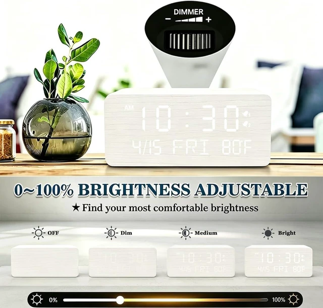 Alt view image 5 of 7 - Premium White Wooden Digital Alarm Clock with Wireless Phone Charger, USB Charging Ports, Dimmable LED Display, Date & Day of Week, Temperature, Digital Desk Clock for Bedroom Nightstand Bedside Table