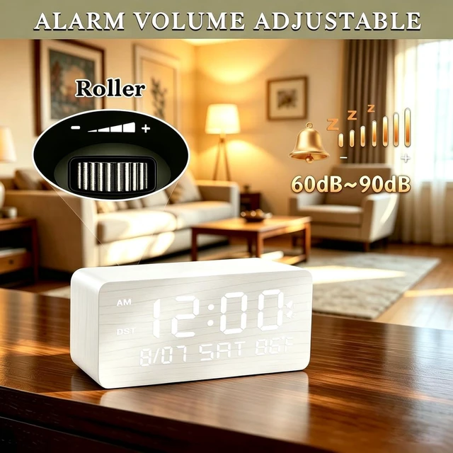Alt view image 6 of 7 - Premium White Wooden Digital Alarm Clock with Wireless Phone Charger, USB Charging Ports, Dimmable LED Display, Date & Day of Week, Temperature, Digital Desk Clock for Bedroom Nightstand Bedside Table
