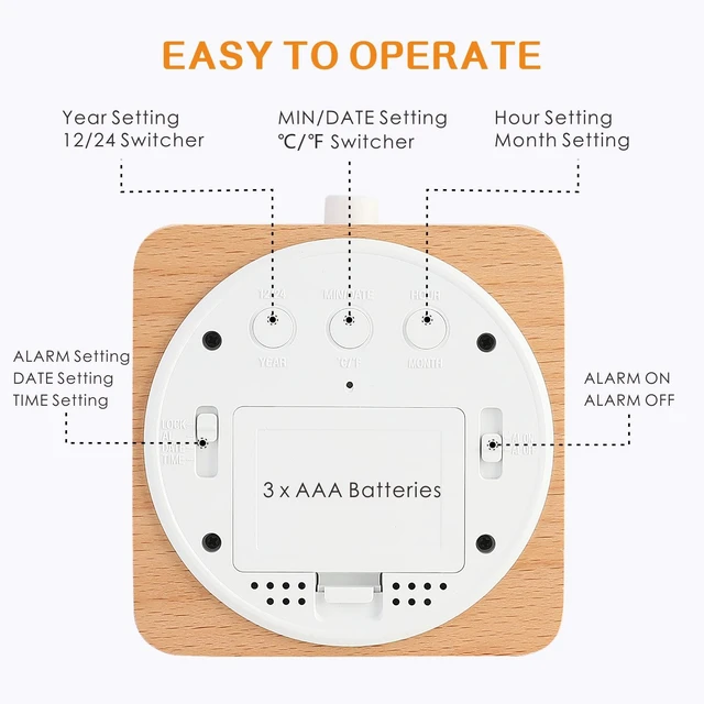 Alt view image 4 of 7 - Wooden Digital Alarm Clock for Bedrooms, Wood 4'' Battery Powered Alarm Clock with Snooze and Nightlight, Electronic LCD Desk Clock Display Time, Date, Temp, 12/24H, Wood Décor, Square, Brown