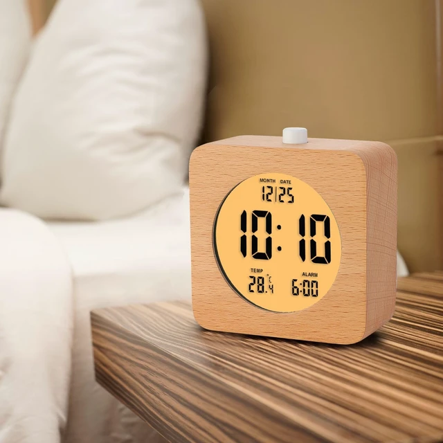 Alt view image 5 of 7 - Wooden Digital Alarm Clock for Bedrooms, Wood 4'' Battery Powered Alarm Clock with Snooze and Nightlight, Electronic LCD Desk Clock Display Time, Date, Temp, 12/24H, Wood Décor, Square, Brown