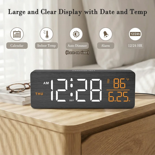 Alt view image 2 of 7 - Wooden Digital Alarm Clock with Date & Day of Week for Bedroom | Large Display Desk Clock for Living Room, Temperature, Dimmer, Adjustable Volume, Auto DST, Office Wood Décor (Plug-in)