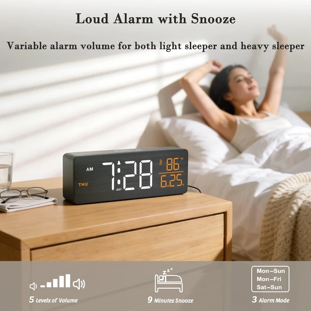 Alt view image 3 of 7 - Wooden Digital Alarm Clock with Date & Day of Week for Bedroom | Large Display Desk Clock for Living Room, Temperature, Dimmer, Adjustable Volume, Auto DST, Office Wood Décor (Plug-in)