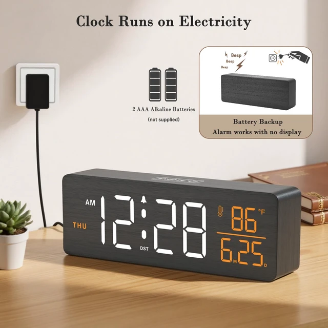 Alt view image 6 of 7 - Wooden Digital Alarm Clock with Date & Day of Week for Bedroom | Large Display Desk Clock for Living Room, Temperature, Dimmer, Adjustable Volume, Auto DST, Office Wood Décor (Plug-in)