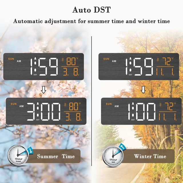 Alt view image 5 of 7 - Wooden Digital Alarm Clock with Date & Day of Week for Bedroom | Large Display Desk Clock for Living Room, Temperature, Dimmer, Adjustable Volume, Auto DST, Office Wood Décor (Plug-in)