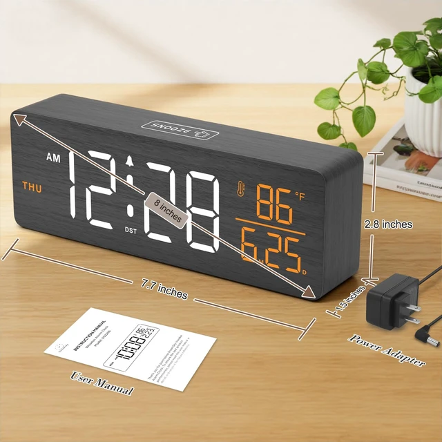Alt view image 7 of 7 - Wooden Digital Alarm Clock with Date & Day of Week for Bedroom | Large Display Desk Clock for Living Room, Temperature, Dimmer, Adjustable Volume, Auto DST, Office Wood Décor (Plug-in)