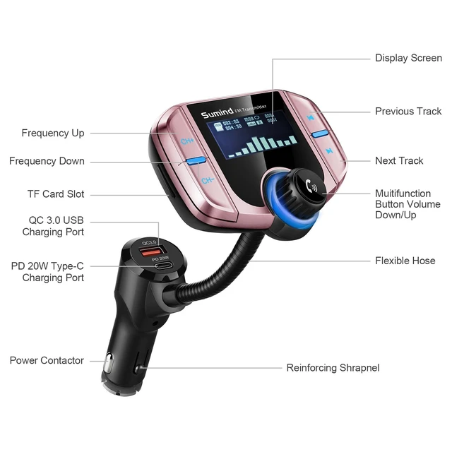 Alt view image 2 of 7 - Upgraded Wireless Bluetooth Car Adapter FM Transmitter(Rose Gold,Pd) | 1.7'' LCD Display, Flexible Gooseneck, 20W Fast Charging&Dual USB Ports, AUX Input/Output for Hands-Free Call, Micro/TF Card