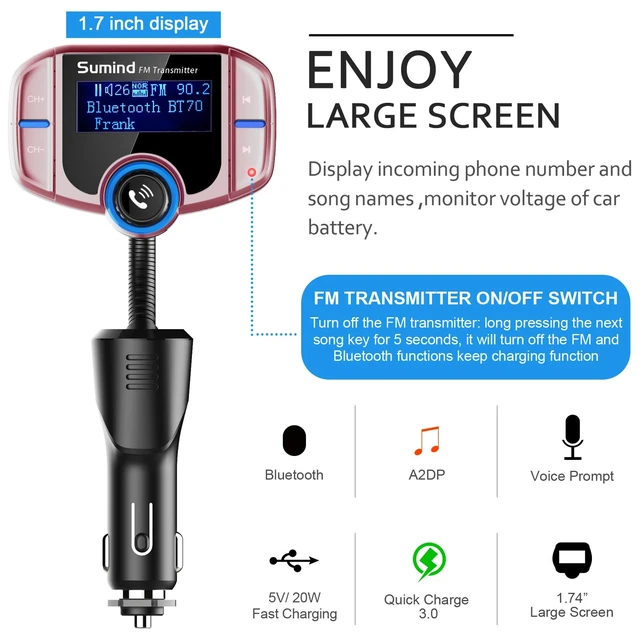 Alt view image 3 of 7 - Upgraded Wireless Bluetooth Car Adapter FM Transmitter(Rose Gold,Pd) | 1.7'' LCD Display, Flexible Gooseneck, 20W Fast Charging&Dual USB Ports, AUX Input/Output for Hands-Free Call, Micro/TF Card