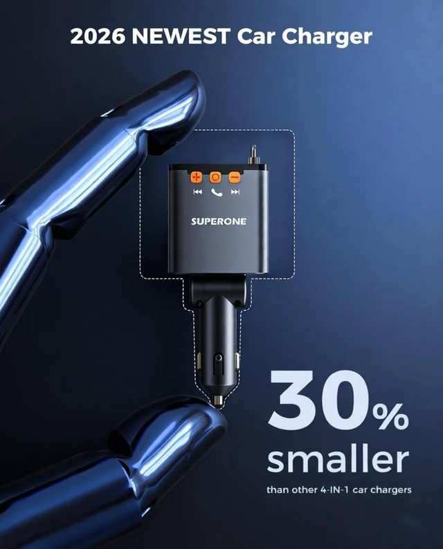 Alt view image 2 of 7 - 69W Retractable Car Charger, Compact Bluetooth 5.3 FM Transmitter | 4 in 1 Bluetooth Car Adapter, Apple & USB C Cables, Hands-Free Calls & MP3 Music, Fast Charging for iPhone/Android