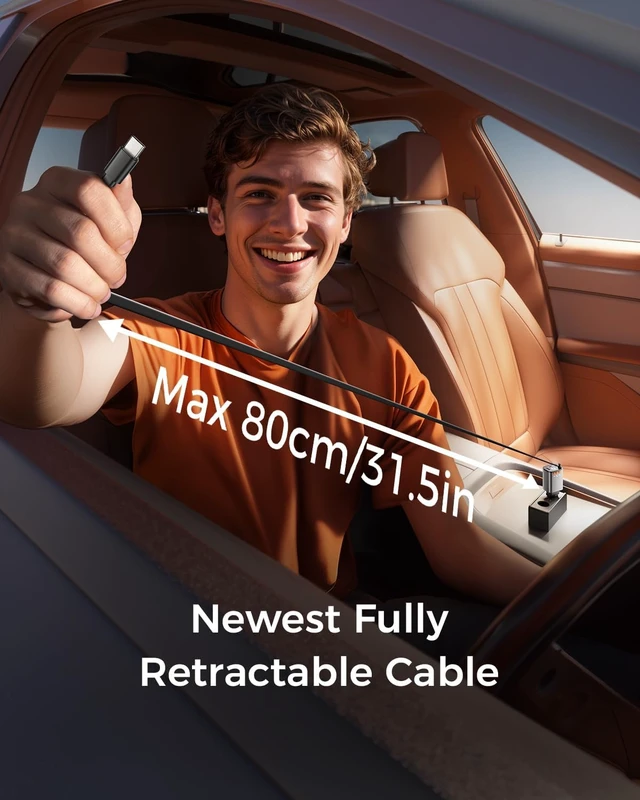 Alt view image 3 of 7 - 69W Retractable Car Charger, Compact Bluetooth 5.3 FM Transmitter | 4 in 1 Bluetooth Car Adapter, Apple & USB C Cables, Hands-Free Calls & MP3 Music, Fast Charging for iPhone/Android