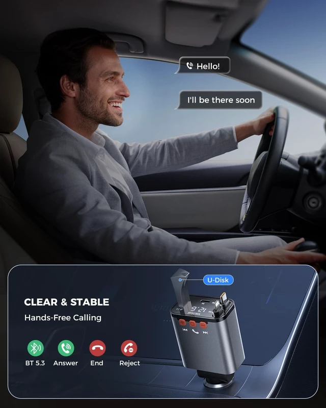 Alt view image 6 of 7 - 69W Retractable Car Charger, Compact Bluetooth 5.3 FM Transmitter | 4 in 1 Bluetooth Car Adapter, Apple & USB C Cables, Hands-Free Calls & MP3 Music, Fast Charging for iPhone/Android