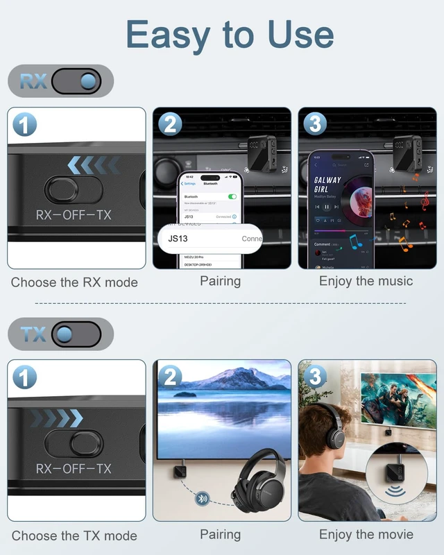 Alt view image 3 of 7 - Upgrade Bluetooth 5.4 Car Adapter with 16-Hour Battery, 2-in-1 Hi-Fi Stereo Wireless Transmitter/Receiver for Car, Home Stereo, Headphones, Hands-Free Calling