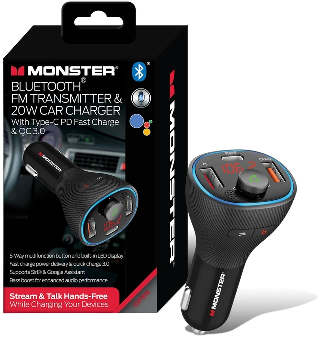 Main image of Monster Bluetooth FM Transmitter for Car Cigarette Lighter with 20W QC3.0 USB A & USB C PD Charger, Bass Boost Button, Flash Drive Port, Google Voice & Siri Compatible, Hands-Free Calls, Microphone