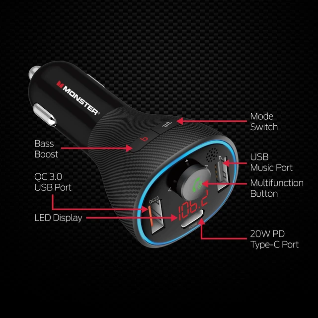 Alt view image 2 of 7 - Monster Bluetooth FM Transmitter for Car Cigarette Lighter with 20W QC3.0 USB A & USB C PD Charger, Bass Boost Button, Flash Drive Port, Google Voice & Siri Compatible, Hands-Free Calls, Microphone