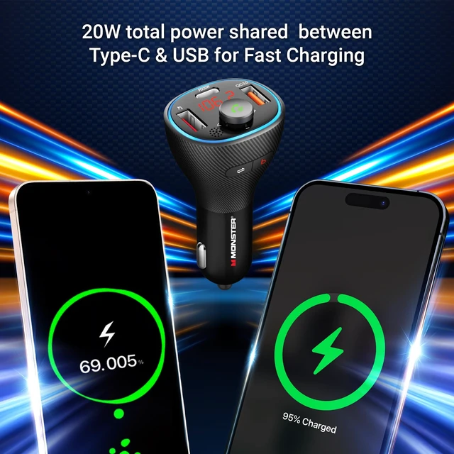 Alt view image 4 of 7 - Monster Bluetooth FM Transmitter for Car Cigarette Lighter with 20W QC3.0 USB A & USB C PD Charger, Bass Boost Button, Flash Drive Port, Google Voice & Siri Compatible, Hands-Free Calls, Microphone