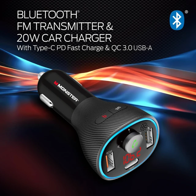 Alt view image 5 of 7 - Monster Bluetooth FM Transmitter for Car Cigarette Lighter with 20W QC3.0 USB A & USB C PD Charger, Bass Boost Button, Flash Drive Port, Google Voice & Siri Compatible, Hands-Free Calls, Microphone