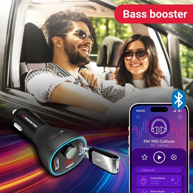 Alt view image 6 of 7 - Monster Bluetooth FM Transmitter for Car Cigarette Lighter with 20W QC3.0 USB A & USB C PD Charger, Bass Boost Button, Flash Drive Port, Google Voice & Siri Compatible, Hands-Free Calls, Microphone