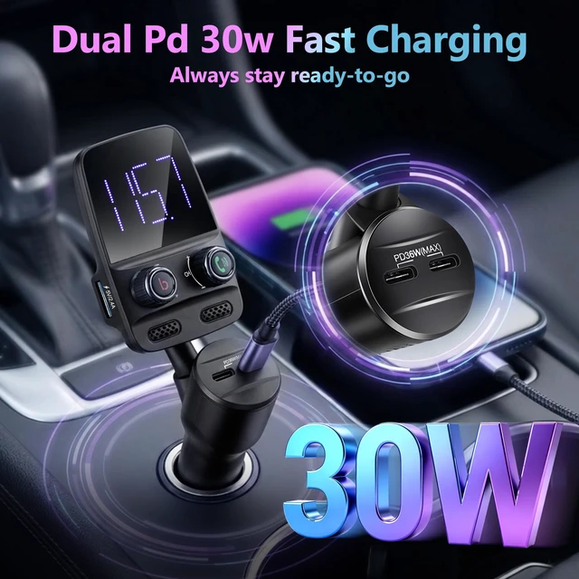 Alt view image 3 of 7 - Upgraded Bluetooth 5.4 FM Transmitter for Car, PD 30W Fast Charging | Bluetooth Car Adapter, Wireless FM Transmitter Radio Adapter with Bass EQ,LED Display, Hands-Free Calling,Dual USB-C & USB-A