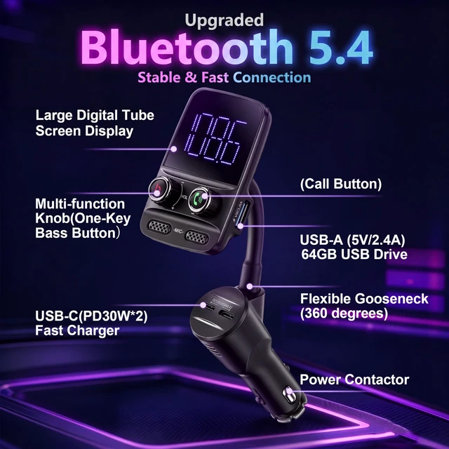 Alt view image 2 of 7 - Upgraded Bluetooth 5.4 FM Transmitter for Car, PD 30W Fast Charging | Bluetooth Car Adapter, Wireless FM Transmitter Radio Adapter with Bass EQ,LED Display, Hands-Free Calling,Dual USB-C & USB-A