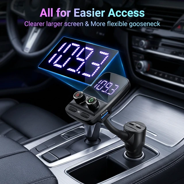 Alt view image 4 of 7 - Upgraded Bluetooth 5.4 FM Transmitter for Car, PD 30W Fast Charging | Bluetooth Car Adapter, Wireless FM Transmitter Radio Adapter with Bass EQ,LED Display, Hands-Free Calling,Dual USB-C & USB-A