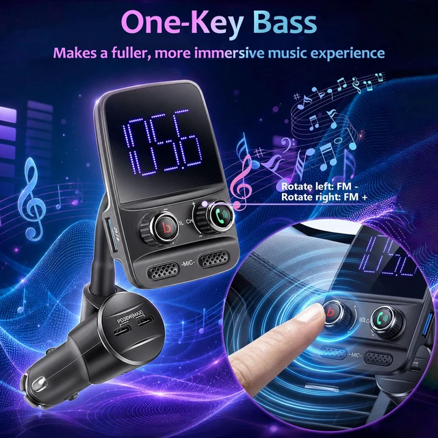 Alt view image 6 of 7 - Upgraded Bluetooth 5.4 FM Transmitter for Car, PD 30W Fast Charging | Bluetooth Car Adapter, Wireless FM Transmitter Radio Adapter with Bass EQ,LED Display, Hands-Free Calling,Dual USB-C & USB-A