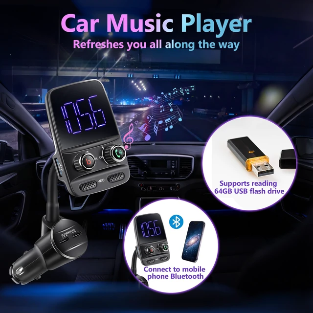 Alt view image 5 of 7 - Upgraded Bluetooth 5.4 FM Transmitter for Car, PD 30W Fast Charging | Bluetooth Car Adapter, Wireless FM Transmitter Radio Adapter with Bass EQ,LED Display, Hands-Free Calling,Dual USB-C & USB-A