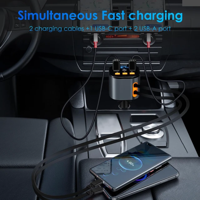 Alt view image 2 of 7 - Retractable Car Charger,5 in 1 Fast Car Phone Charger 90W,Bluetooth 5.3 FM Transmitter Adapter,Handsfree Call,2 Retractable USB-C Cables and USB Cars Chargers for iPhone 16/15/14/13/12/11,Galaxy,Pixel