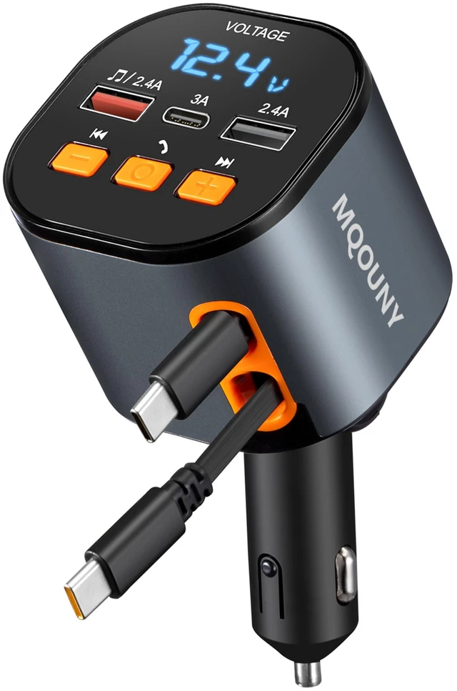 Main image of Retractable Car Charger,5 in 1 Fast Car Phone Charger 90W,Bluetooth 5.3 FM Transmitter Adapter,Handsfree Call,2 Retractable USB-C Cables and USB Cars Chargers for iPhone 16/15/14/13/12/11,Galaxy,Pixel