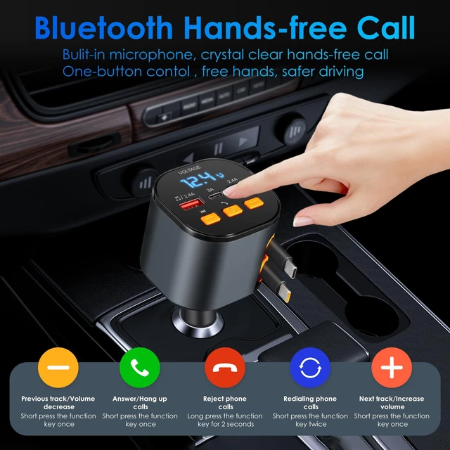 Alt view image 3 of 7 - Retractable Car Charger,5 in 1 Fast Car Phone Charger 90W,Bluetooth 5.3 FM Transmitter Adapter,Handsfree Call,2 Retractable USB-C Cables and USB Cars Chargers for iPhone 16/15/14/13/12/11,Galaxy,Pixel