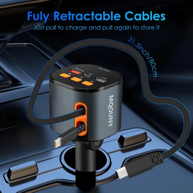 Alt view image 4 of 7 - Retractable Car Charger,5 in 1 Fast Car Phone Charger 90W,Bluetooth 5.3 FM Transmitter Adapter,Handsfree Call,2 Retractable USB-C Cables and USB Cars Chargers for iPhone 16/15/14/13/12/11,Galaxy,Pixel