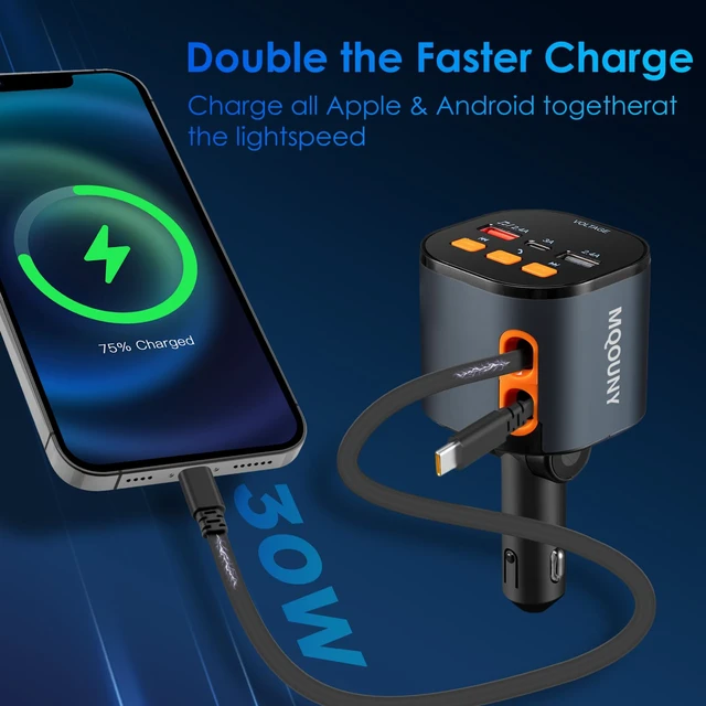 Alt view image 7 of 7 - Retractable Car Charger,5 in 1 Fast Car Phone Charger 90W,Bluetooth 5.3 FM Transmitter Adapter,Handsfree Call,2 Retractable USB-C Cables and USB Cars Chargers for iPhone 16/15/14/13/12/11,Galaxy,Pixel