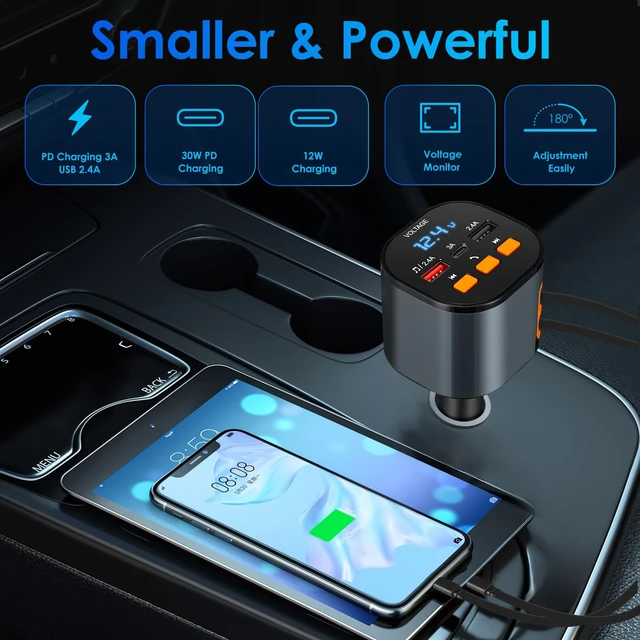 Alt view image 5 of 7 - Retractable Car Charger,5 in 1 Fast Car Phone Charger 90W,Bluetooth 5.3 FM Transmitter Adapter,Handsfree Call,2 Retractable USB-C Cables and USB Cars Chargers for iPhone 16/15/14/13/12/11,Galaxy,Pixel