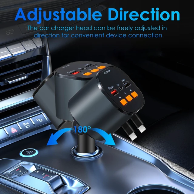 Alt view image 6 of 7 - Retractable Car Charger,5 in 1 Fast Car Phone Charger 90W,Bluetooth 5.3 FM Transmitter Adapter,Handsfree Call,2 Retractable USB-C Cables and USB Cars Chargers for iPhone 16/15/14/13/12/11,Galaxy,Pixel