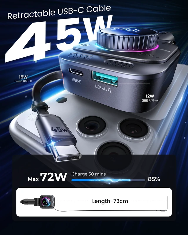 Alt view image 2 of 7 - 72W Bluetooth 5.4 FM Transmitter Car Adapter | with Extendable Charging Cable USB C Car Cigarette Lighter, Bass & Hands-Free, 180° Rotatable for iPhone 17/16/15