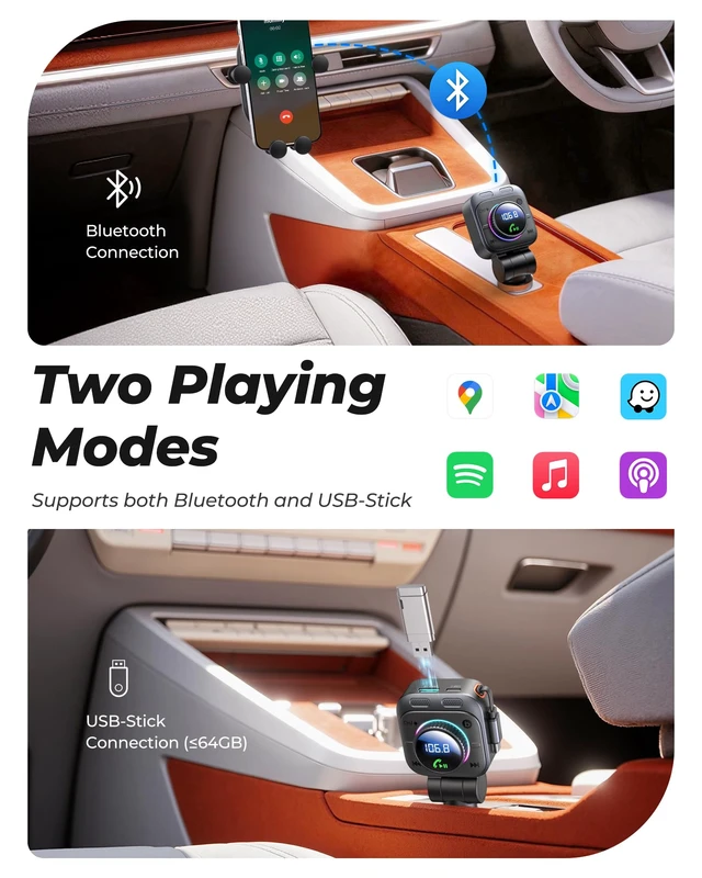 Alt view image 5 of 7 - 72W Bluetooth 5.4 FM Transmitter Car Adapter | with Extendable Charging Cable USB C Car Cigarette Lighter, Bass & Hands-Free, 180° Rotatable for iPhone 17/16/15