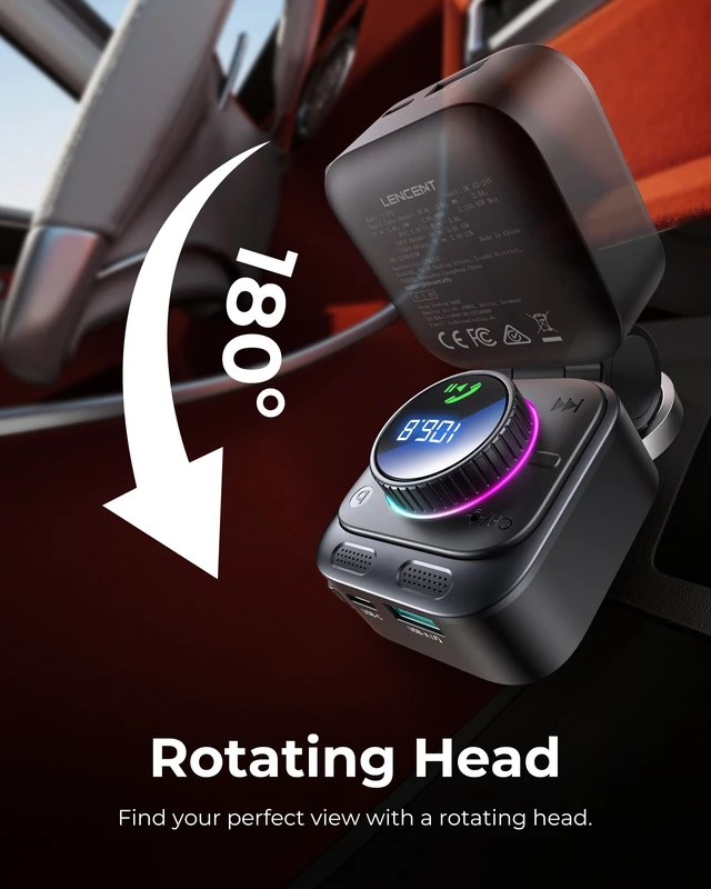 Alt view image 7 of 7 - 72W Bluetooth 5.4 FM Transmitter Car Adapter | with Extendable Charging Cable USB C Car Cigarette Lighter, Bass & Hands-Free, 180° Rotatable for iPhone 17/16/15