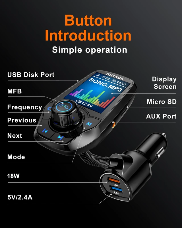 Alt view image 7 of 7 - Bluetooth FM Transmitter for Car, 1.8" Display, AUX in/Out, 18W Fast Charge | Bluetooth 5.3, AUX in/out, USB drive and TF card playback, 5 EQ modes, hands-free calls and dual USB charging.