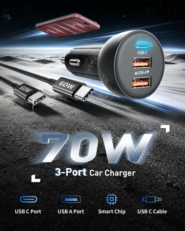 Alt view image 2 of 7 - iPhone Duo 18 Pro Max 17 16 Car Charger, 3-Port 70W Fast USB C Car Charger | Cigarette Lighter USB Charger Adapter + 3FT USB C Cable, Car Accessories for iPhone Duo/18 Pro/17/17e/16/15 Pro Max