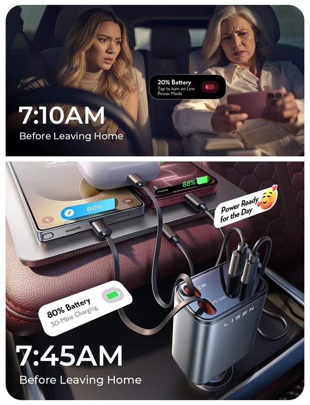 Alt view image 5 of 7 - Retractable Car Charger, 84W Car Charger USB C Fast Charge, 4 in 1 | Cigarette Lighter Adapter, Car Accessories, Gifts for Men Women Dad Mom, for iPhone Duo, iPhone 18 Pro Max 17 16 15 14 13 12