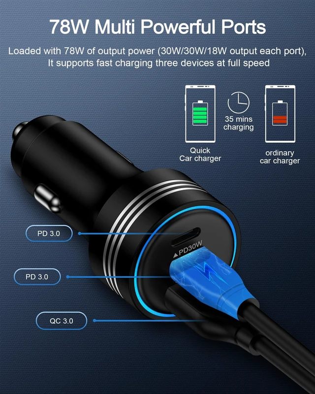 Alt view image 3 of 7 - iPhone 18 Pro Car Charger Fast Charging, 78W 3-Port Super Fast Car Charger | USB A & USB C Car Power Cigarette Lighter Adapter for iPhone 18 Pro Max/17/17e/Air/17 Pro/16/16e/15/14/13/12, iPad, Samsung